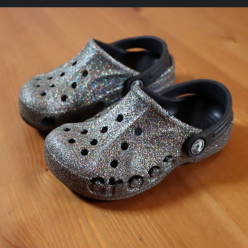 Crocs Kids Black Super Sparkle Holographic Silver Glitter Clogs Size 10